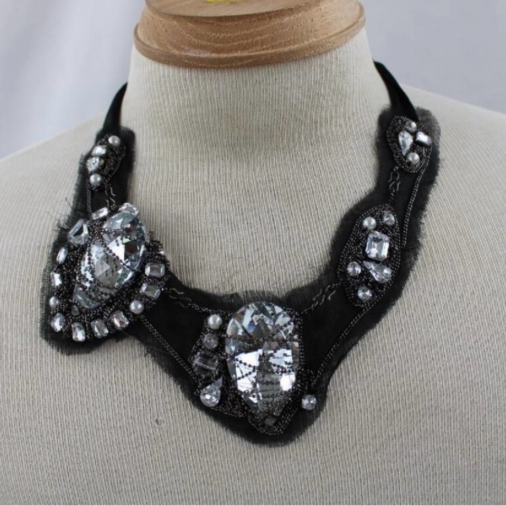 JUMBO teardrops crystals bib necklace within chains on black silk bow, exclusive